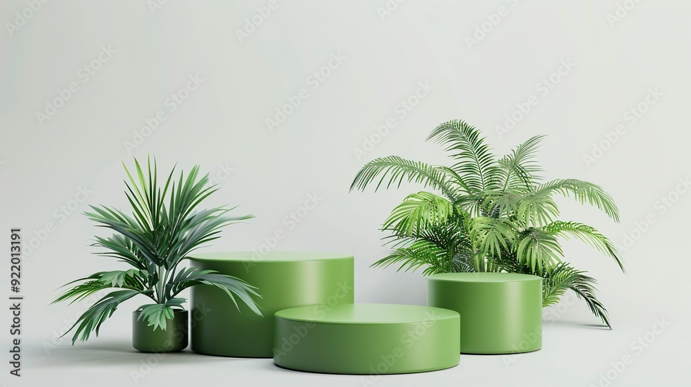 Obraz premium green product podium stages, cylinder shape design element, white background, generative ai