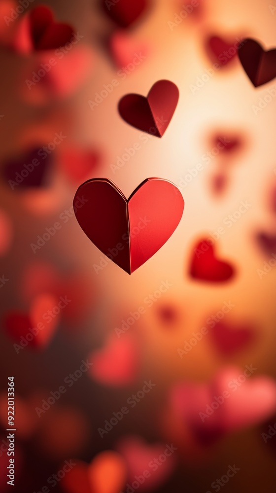 Red paper hearts floating on a warm background for valentine's day Red paper hearts floating on a warm background for valentine's day