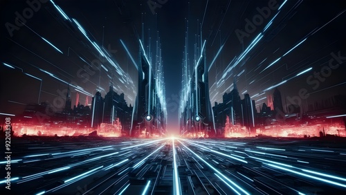 Modern cityscape with computerized network associations, blue and red lighting on a dim foundation, idea of technology