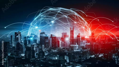 Modern cityscape with computerized network associations, blue and red lighting on a dim foundation, idea of technology
