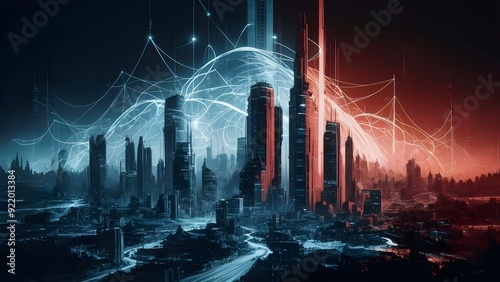 Modern cityscape with computerized network associations, blue and red lighting on a dim foundation, idea of technology