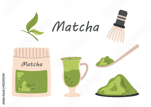 Vector illustration of matcha tea set. Glass cup with matcha latte, green tea leaves and powder in bamboo spoon. Vector illustration of matcha powder in craft paper bag