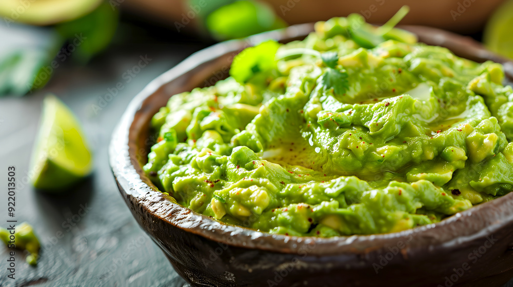 Creamy guacamole served in a wooden bowl for healthy food blogs, menus, culinary websites and magazines. Guacamole with lime garnish. Rich avocado dip in rustic setting, for cooking shows and ads Creamy guacamole served in a wooden bowl for healthy food blogs, menus, culinary websites and magazines. Guacamole with lime garnish. Rich avocado dip in rustic setting, for cooking shows and ads
