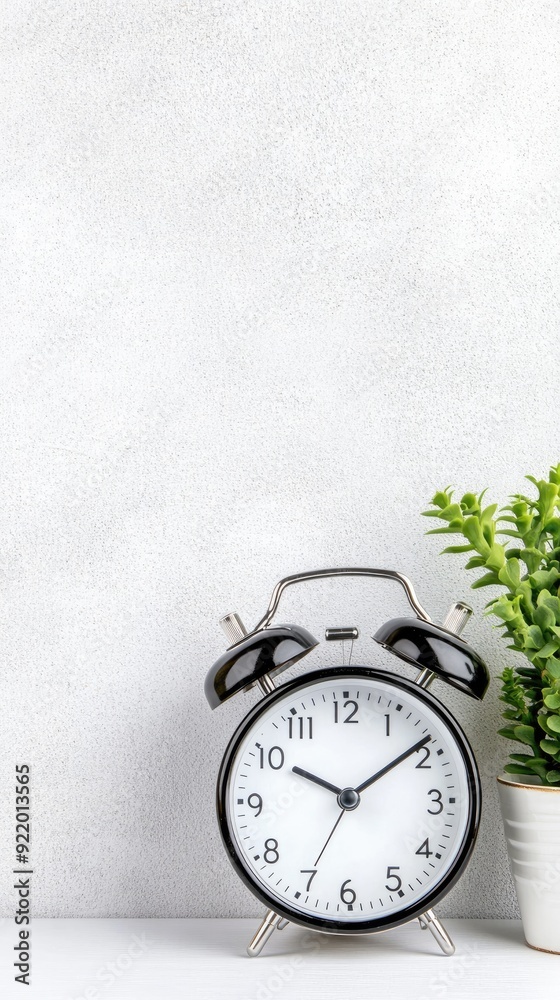 A minimalist setting shows an alarm clock and a cactus on a white table, highlighting the concept of time management in a home office environment A minimalist setting shows an alarm clock and a cactus on a white table, highlighting the concept of time management in a home office environment