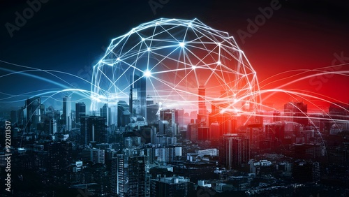 Modern cityscape with computerized network associations, blue and red lighting on a dim foundation, idea of technology