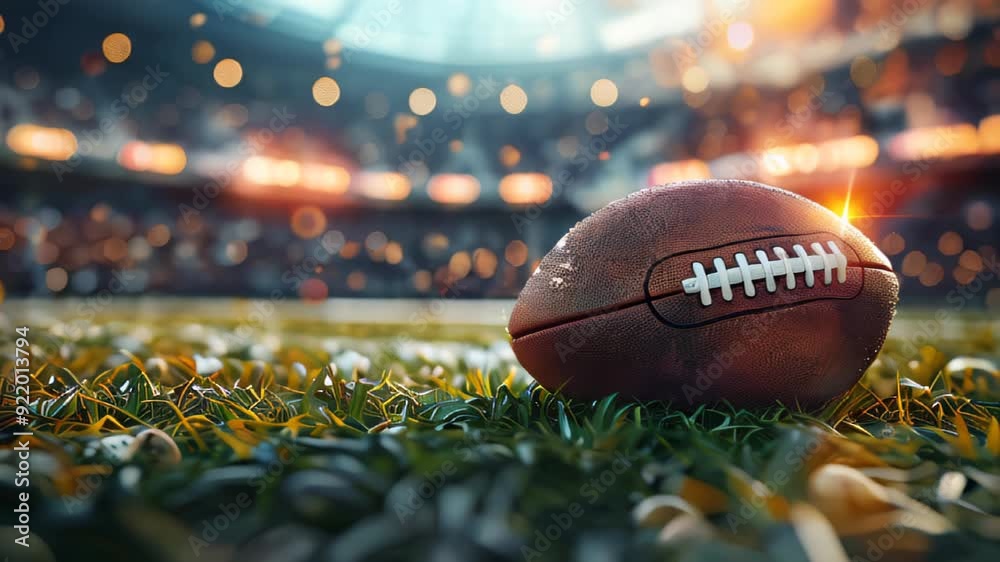 An american football is on the field in a stadium. The stadium is full of people.