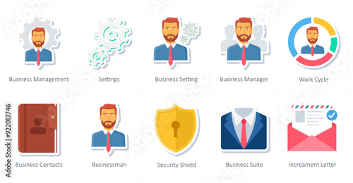 A set of 10 office and business icons as business management, settings, business setting