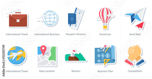 A set of 10 office and business icons as international travel, international business, passport itinerary