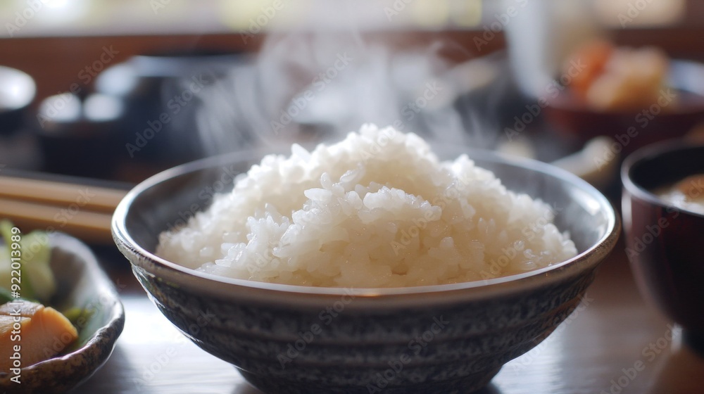 A close-up of a steaming bowl of fluffy, white rice with wisps of steam rising, set on a traditional dining table with chopsticks and side dishes. A close-up of a steaming bowl of fluffy, white rice with wisps of steam rising, set on a traditional dining table with chopsticks and side dishes.