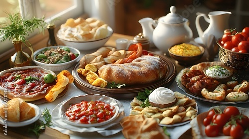 Realistic traditional Turkish breakfast spread in high quality photo