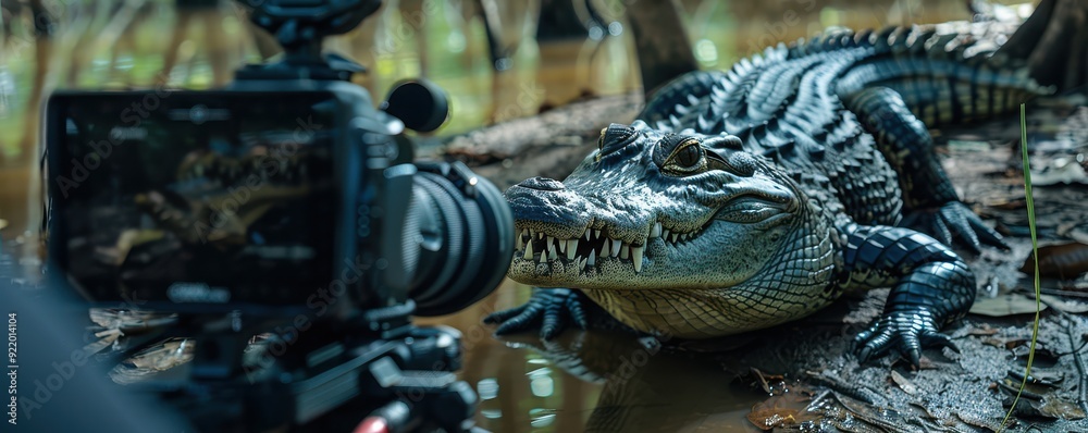 Obraz premium A crocodile being filmed for a reality TV show, close-up shot.