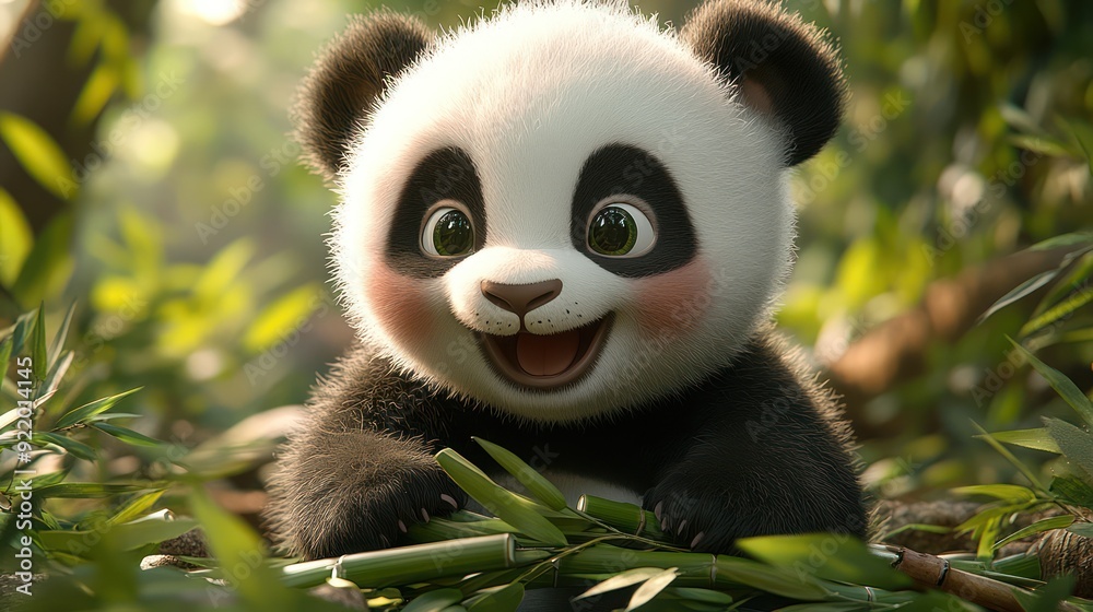 An adorable panda cub playing with bamboo shoots in a lush forest. An adorable panda cub playing with bamboo shoots in a lush forest.
