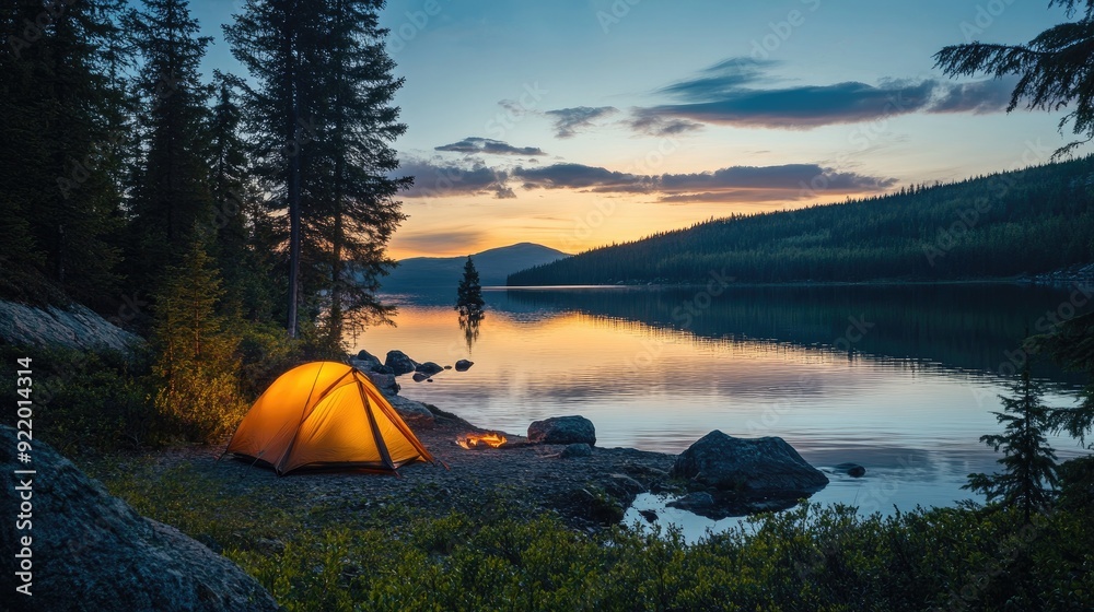 Serene lakeside camping scene at dusk Serene lakeside camping scene at dusk