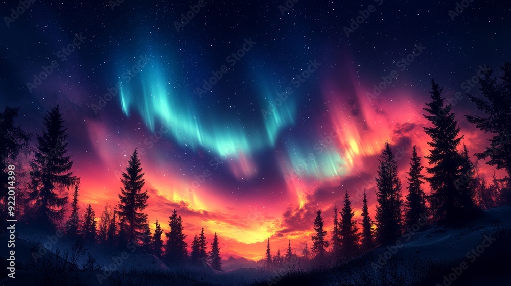 Aurora borealis illuminating the sky of a wild snowy forest at sunset Aurora borealis illuminating the sky of a wild snowy forest at sunset