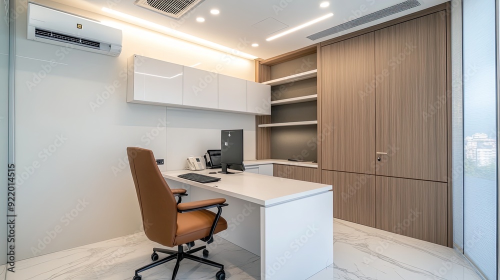 A spacious medical clinic features a sleek desk and a brown leather chair, promoting a professional, inviting atmosphere for patients and staff