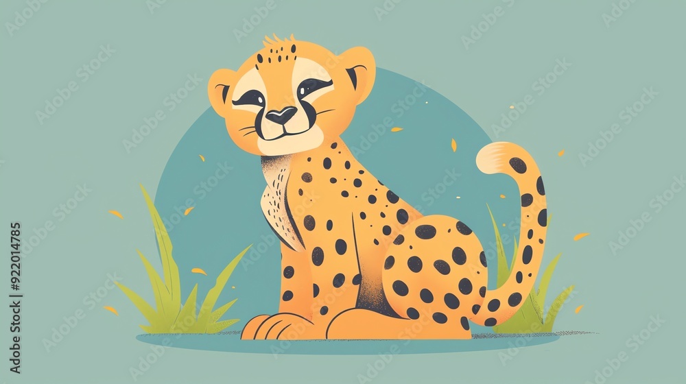 Fototapeta premium Create a illustration of a Cheetah on the huntin a kawaii style, simplified to feature fewer elements for a cleaner look, Use a color palette that is appealing to children, with bright and chee