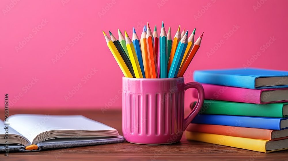 Colorful pencils in mug next to books on wooden desk with pink background Colorful pencils in mug next to books on wooden desk with pink background