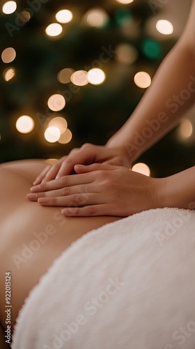 A serene moment in a tranquil spa salon as a beautiful woman enjoys a soothing back massage under natural light