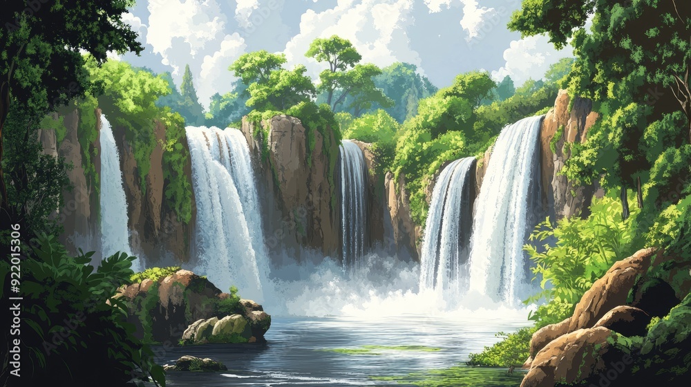 Naklejka premium Stunning waterfalls with lush greenery and rocky cliffs. Vector illustration