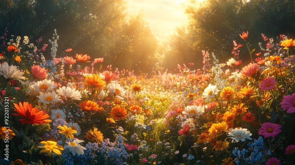 Fototapeta premium Sunlight shining through forest on field of colorful flowers