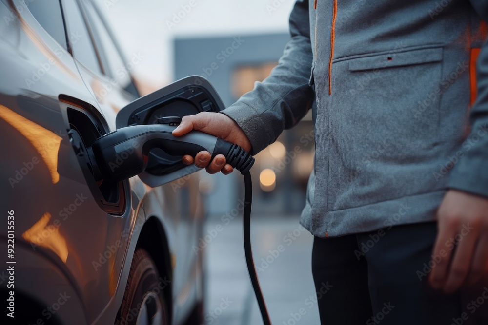 Close up of man's hand holding power supply cable at electric vehicle charging station. Close up of man's hand holding power supply cable at electric vehicle charging station.