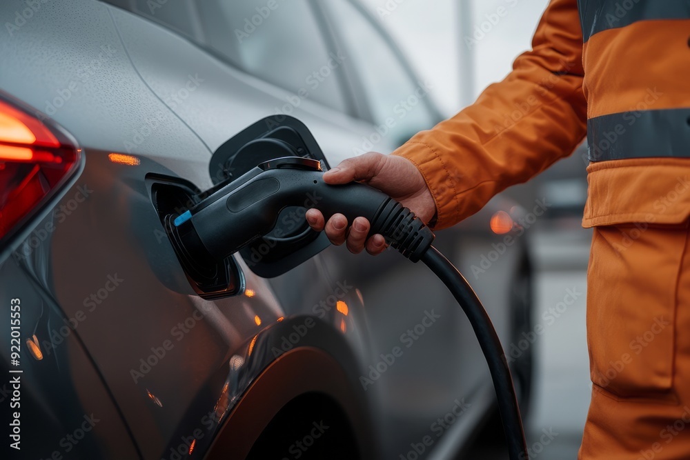 Close up of man's hand holding power supply cable at electric vehicle charging station. Close up of man's hand holding power supply cable at electric vehicle charging station.