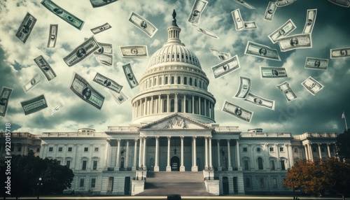 Money falling around the U.S. Capitol building on a cloudy day