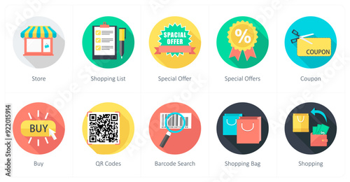 A set of 10 shopping icons as store, shopping list, special offers 