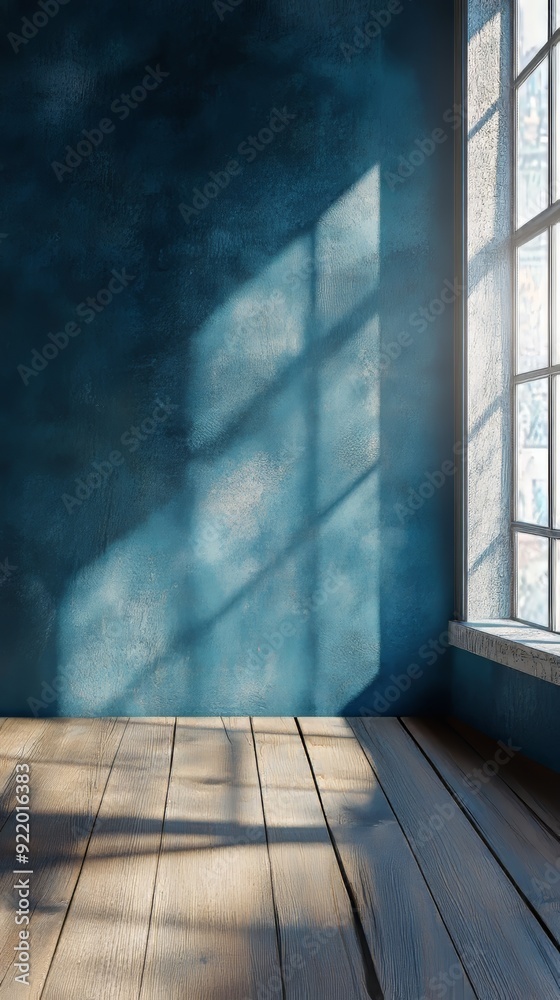 Sunlight casting geometric shadows on a blue wall and wooden floor Sunlight casting geometric shadows on a blue wall and wooden floor