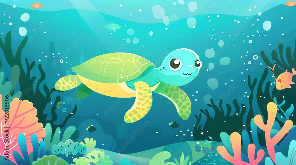 Naklejka premium Create a illustration of a Sea turtles swimming in the deep seain a kawaii style, simplified to feature fewer elements for a cleaner look, Use a color palette that is appealing to children, wit