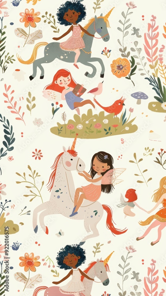 Fototapeta premium Kids enjoy fantasy play on unicorns surrounded by flowers, fairies, and singing birds in a whimsical environment