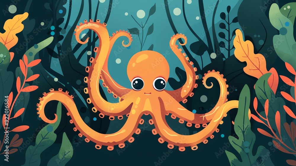 Obraz premium Create a illustration of a Giant octopus in a kelp forestin a kawaii style, simplified to feature fewer elements for a cleaner look, Use a color palette that is appealing to children, with brig