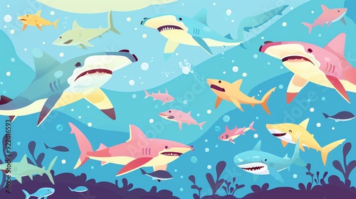 Create a illustration of a Hammerhead sharks in a schoolin a kawaii style, simplified to feature fewer elements for a cleaner look, Use a color palette that is appealing to children, with brigh photo