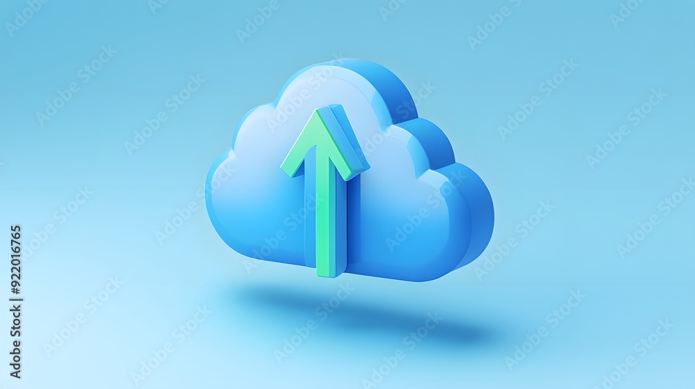3D blue cloud icon with upward arrow symbolizing data upload and cloud computing technology on a light blue background. 3D blue cloud icon with upward arrow symbolizing data upload and cloud computing technology on a light blue background.