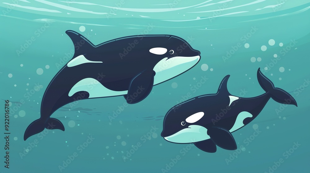 Obraz premium Create a illustration of a Orca whales huntingin a kawaii style, simplified to feature fewer elements for a cleaner look, Use a color palette that is appealing to children, with bright and chee