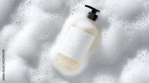 A bottle of cleanser was placed on top of the soft white foam. blank label, no text