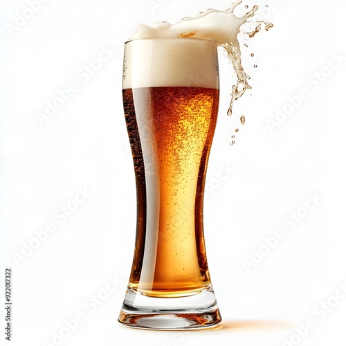 Splashing Golden Beer in a Transparent Glass on a White Background photo