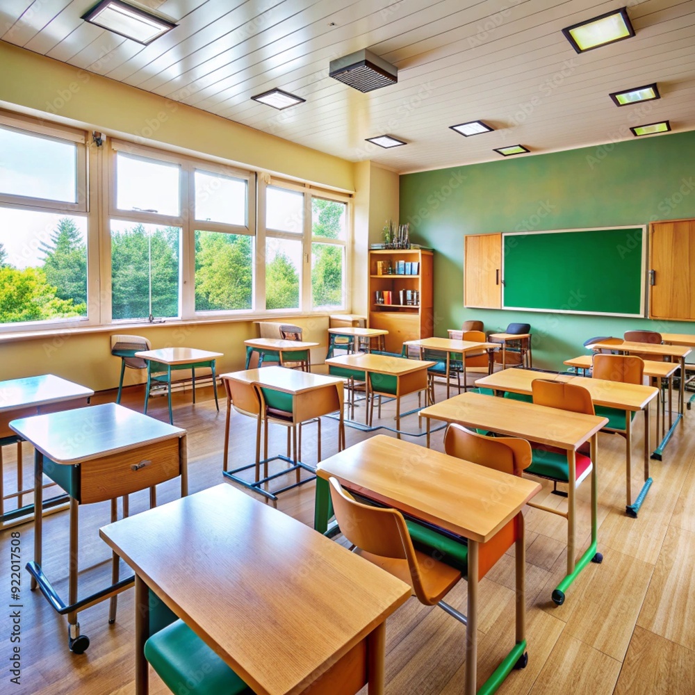Fototapeta premium A school classroom with beautiful chairs and windows letting in sunlight