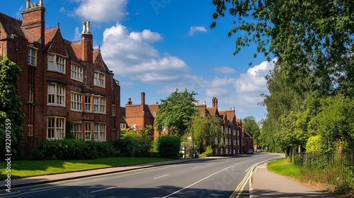 Historic brick buildings shadow a tranquil road, framed by lush greenery and a clear blue sky during a bright afternoon