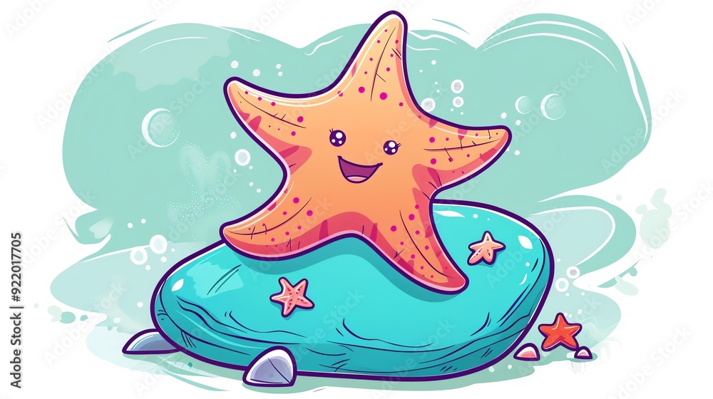 a Starfish clinging to a rockin a kawaii style, simplified to feature fewer elements for a cleaner look, Use a color palette that is appealing to children, with bright a Starfish clinging to a rockin a kawaii style, simplified to feature fewer elements for a cleaner look, Use a color palette that is appealing to children, with bright