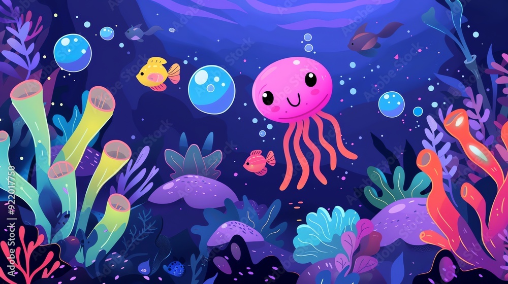 Create a illustration of a Deep sea creatures with bioluminescencein a kawaii style, simplified to feature fewer elements for a cleaner look, Use a color palette that is appealing to children, Create a illustration of a Deep sea creatures with bioluminescencein a kawaii style, simplified to feature fewer elements for a cleaner look, Use a color palette that is appealing to children,