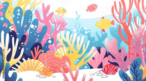 Create a illustration of a Coral bleaching awareness scenein a kawaii style, simplified to feature fewer elements for a cleaner look, Use a color palette that is appealing to children, with bri