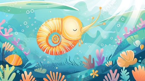 Create a illustration of a Nautilus swimming in the abyssin a kawaii style, simplified to feature fewer elements for a cleaner look, Use a color palette that is appealing to children, with brig photo