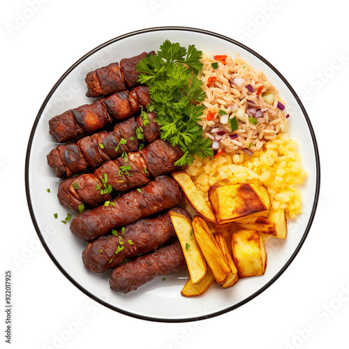 a cevapcici rolls with red rice and fries, Isolated on transparent PNG background, Generative ai