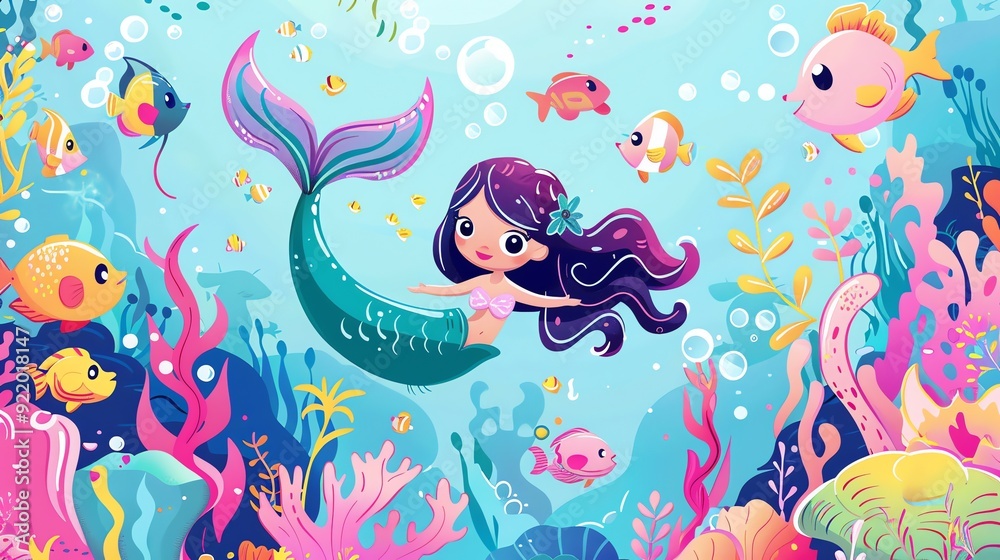 Obraz premium Create a illustration of a Mermaids swimming with marine lifein a kawaii style, simplified to feature fewer elements for a cleaner look, Use a color palette that is appealing to children, with