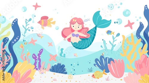 Create a illustration of a Mermaids swimming with marine lifein a kawaii style, simplified to feature fewer elements for a cleaner look, Use a color palette that is appealing to children, with