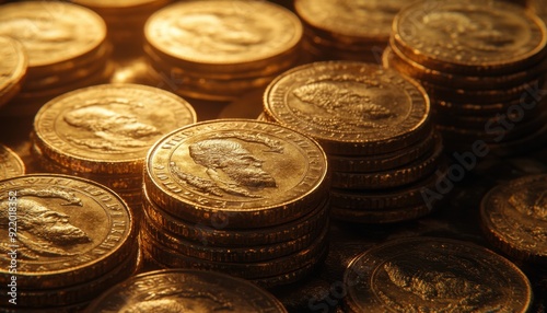 Glimmering gold coins stacked together in warm light setting