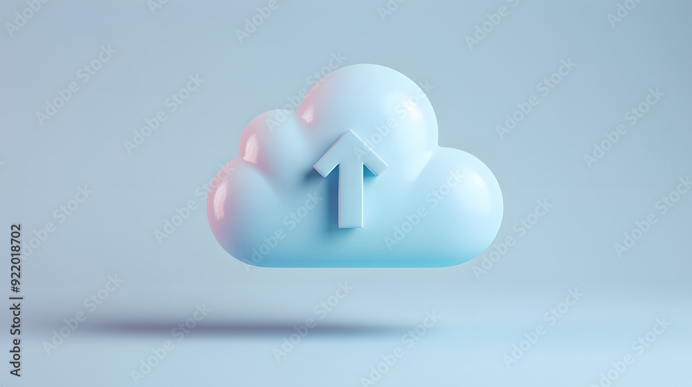 3D cloud icon with an upward arrow, representing cloud storage, upload, and data transfer, against a blue background. 3D cloud icon with an upward arrow, representing cloud storage, upload, and data transfer, against a blue background.