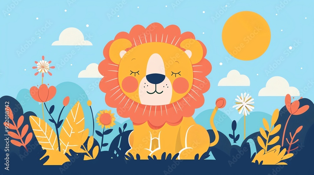 Obraz premium Create a illustration of a Majestic lion in its habitatin a kawaii style, simplified to feature fewer elements for a cleaner look, Use a color palette that is appealing to children, with bright