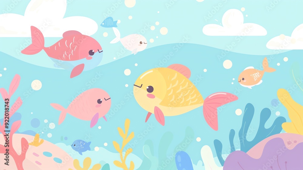 Create a illustration of a School of flying fish evading a predatorin a kawaii style, simplified to feature fewer elements for a cleaner look, Use a color palette that is appealing to children, Create a illustration of a School of flying fish evading a predatorin a kawaii style, simplified to feature fewer elements for a cleaner look, Use a color palette that is appealing to children,